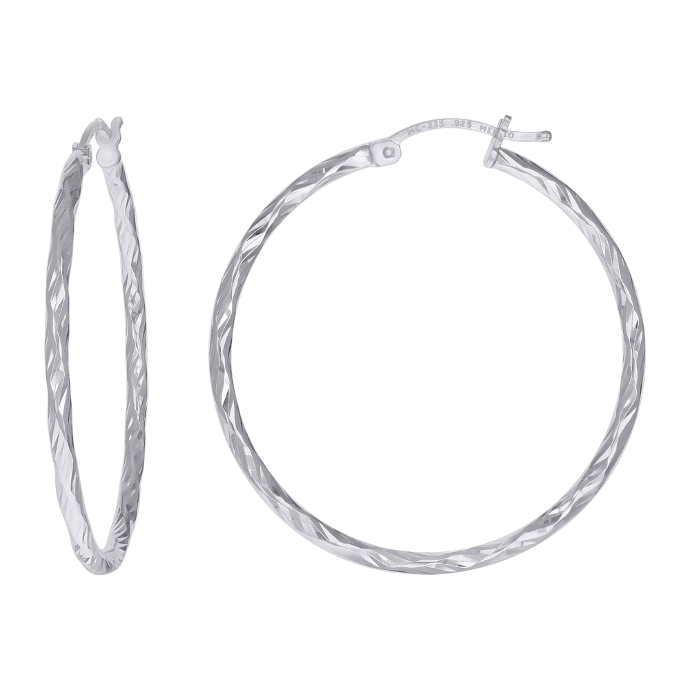 925 Sterling Silver Womens Diamond-cut 2mm x 35mm Hoop Earrings